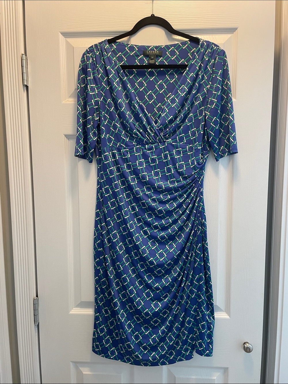 Ralph Lauren Blue Geometric Ruched Midi Dress